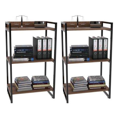 Kit 2 Estantes Livreiro Multiuso Prisma Estilo Industrial 60cm 3 Prateleiras C08 Nogal - Mpozenato