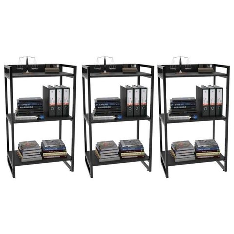 Kit 3 Estantes Livreiro Multiuso Prisma Estilo Industrial 60cm 3 Prateleiras C08 Preto Onix -