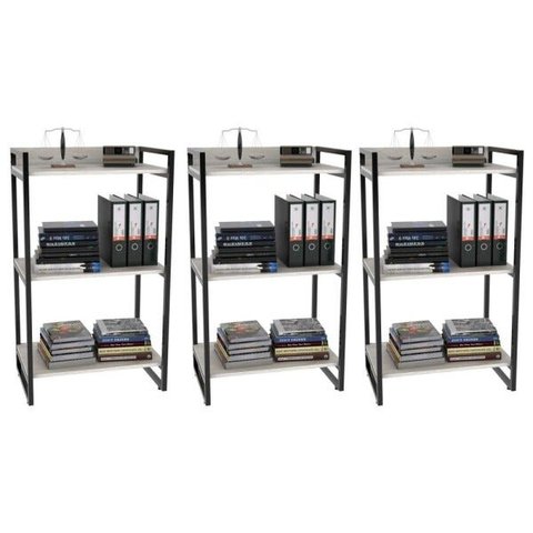 Kit 3 Estantes Livreiro Multiuso Prisma Estilo Industrial 60cm 3 Prateleiras C08 Snow - Mpozenato