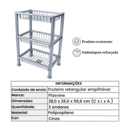 Fruteira de Plástico 3 Andares Retangular Empilhável Cinza - 3