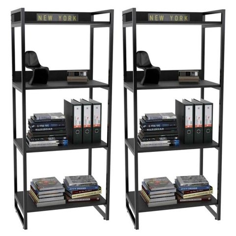 Kit 2 Estante Livreiro Multiuso Prisma Estilo Industrial 60cm 4 Prateleiras C08 Preto Onix -