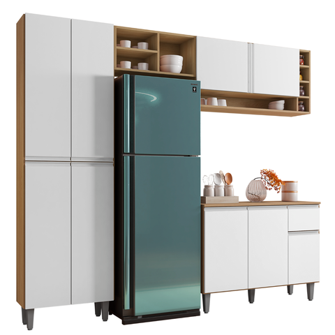 Kit de Cozinha Completo 230cm Vanessa 3 Peças Ajl Móveis:amêndoa Branco