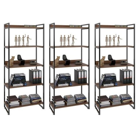 Kit 3 Estantes Livreiro Multiuso Prisma Estilo Industrial 80cm 5 Prateleiras C08 Nogal - Mpozenato