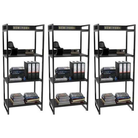 Kit 3 Estante Livreiro Prisma Estilo Industrial 60cm 4 Prateleiras C08 Preto Onix - Mpozenato