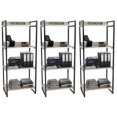 Kit 3 Estante Livreiro Multiuso Prisma Estilo Industrial 60cm 4 Prateleiras C08 Snow - Mpozenato