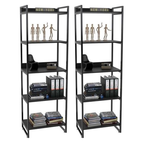 Kit 2 Estantes Livreiro Multiuso Prisma Estilo Industrial 60cm 5 Prateleiras C08 Preto Onix -
