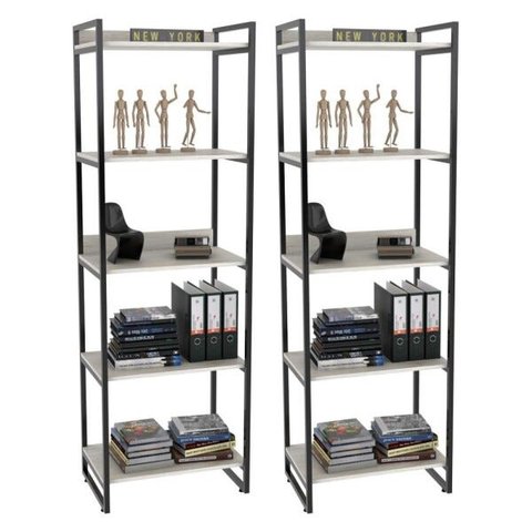 Kit 2 Estantes Livreiro Multiuso Prisma Estilo Industrial 60cm 5 Prateleiras C08 Snow - Mpozenato