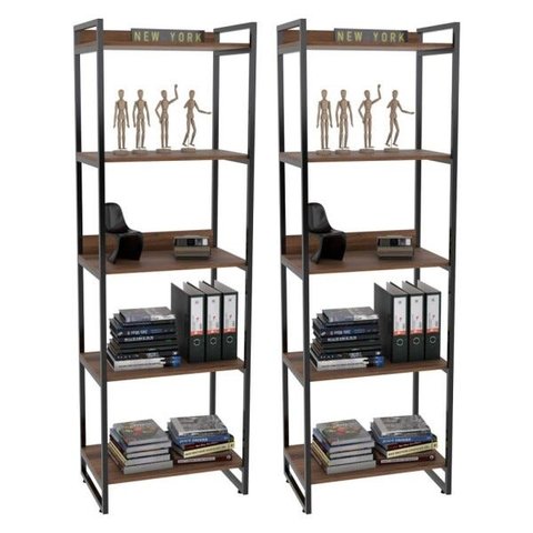 Kit 2 Estantes Livreiro Multiuso Prisma Estilo Industrial 60cm 5 Prateleiras C08 Nogal - Mpozenato
