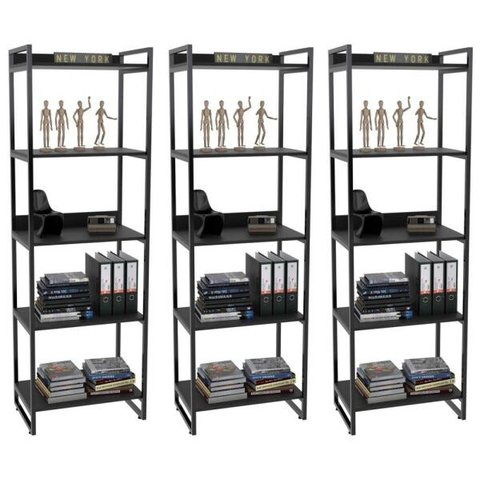 Kit 3 Estantes Livreiro Multiuso Prisma Estilo Industrial 60cm 5 Prateleiras C08 Preto Onix -