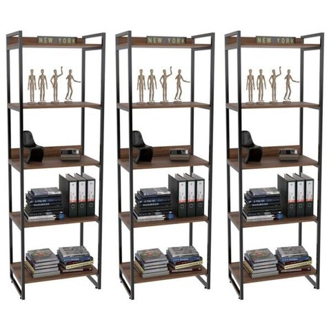 Kit 3 Estantes Livreiro Multiuso Prisma Estilo Industrial 60cm 5 Prateleiras C08 Nogal - Mpozenato