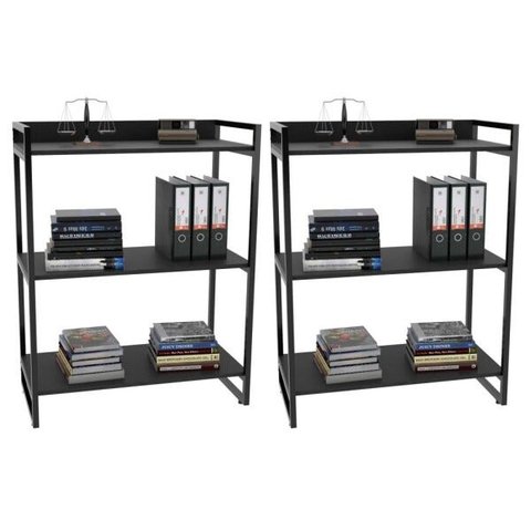 Kit 2 Estantes Livreiro Multiuso Prisma Estilo Industrial 80cm 3 Prateleiras C08 Preto Onix -