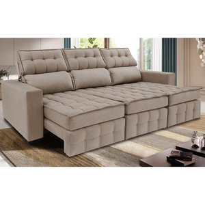 Sofá Retrátil e Reclinável 2.50m Molas Ensacadas e Costura Tripla Cama inBox Nobre Suede Bege