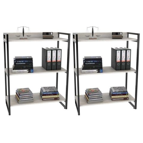 Kit 2 Estantes Livreiro Multiuso Prisma Estilo Industrial 80cm 3 Prateleiras C08 Snow - Mpozenato