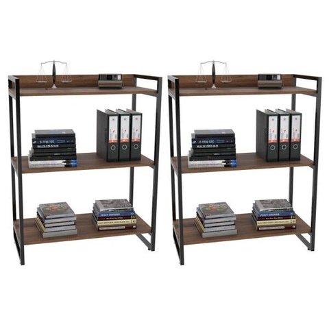 Kit 2 Estantes Livreiro Multiuso Prisma Estilo Industrial 80cm 3 Prateleiras C08 Nogal - Mpozenato