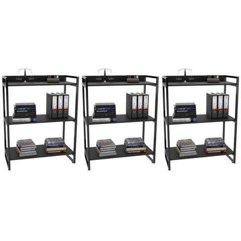Kit 3 Estantes Livreiro Multiuso Prisma Estilo Industrial 80cm 3 Prateleiras C08 Preto Onix -