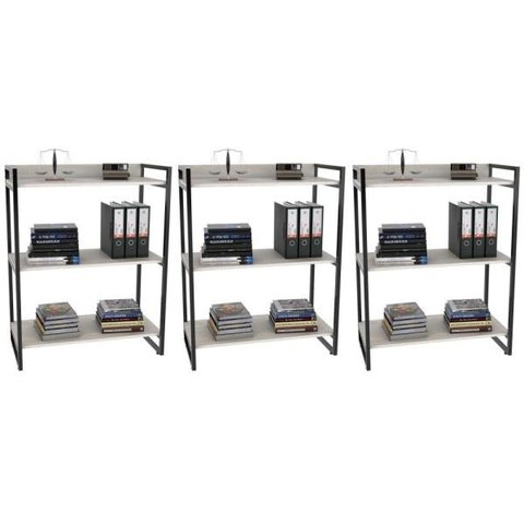 Kit 3 Estantes Livreiro Multiuso Prisma Estilo Industrial 80cm 3 Prateleiras C08 Snow - Mpozenato