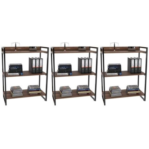 Kit 3 Estantes Livreiro Multiuso Prisma Estilo Industrial 80cm 3 Prateleiras C08 Nogal - Mpozenato