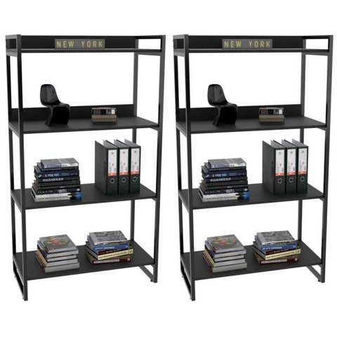 Kit 2 Estantes Livreiro Multiuso Prisma Estilo Industrial 80cm 4 Prateleiras C08 Preto Onix -