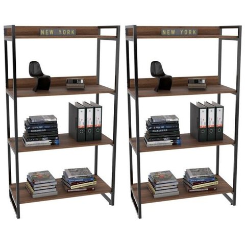 Kit 2 Estantes Livreiro Multiuso Prisma Estilo Industrial 80cm 4 Prateleiras C08 Nogal - Mpozenato
