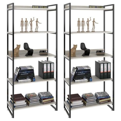 Kit 2 Estantes Livreiro Multiuso Prisma Estilo Industrial 80cm 5 Prateleiras C08 Snow - Mpozenato