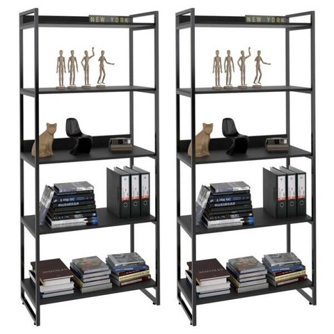 Kit 2 Estantes Livreiro Multiuso Prisma Estilo Industrial 80cm 5 Prateleiras C08 Preto Onix -