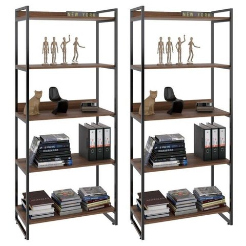 Kit 2 Estantes Livreiro Multiuso Prisma Estilo Industrial 80cm 5 Prateleiras C08 Nogal - Mpozenato