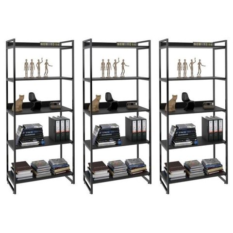 Kit 3 Estantes Livreiro Multiuso Prisma Estilo Industrial 80cm 5 Prateleiras C08 Preto Onix -