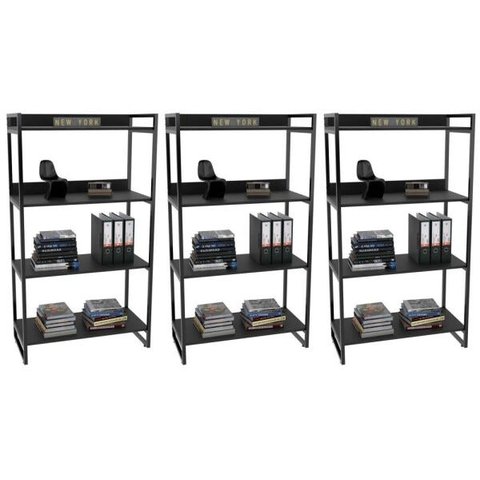 Kit 3 Estantes Livreiro Multiuso Prisma Estilo Industrial 80cm 4 Prateleiras C08 Preto Onix -