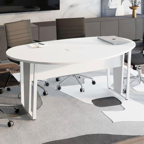 Mesa de Reunião Orgânica 180cm com Caixa de Tomadas Pés Metal Branco F5 Office