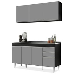 Armário Líbia e Balcão com Pia Inox 150cm Tunísia L03 Preto/Cinza - Mpozenato - 1 Armário Líbia e Balcão com Pia Inox 150cm Tunísia L03 Preto/Cinza - Mpozenato - 1