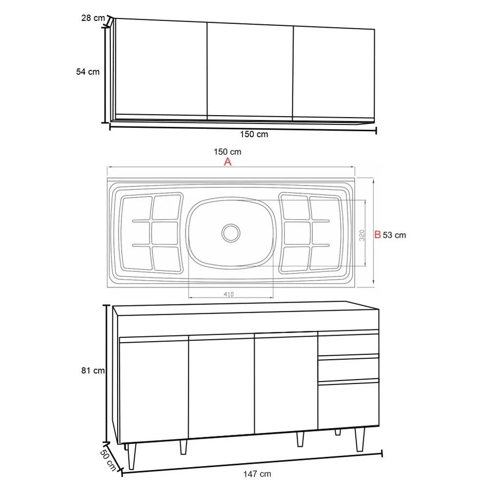 Armário Líbia e Balcão com Pia Inox 150cm Tunísia L03 Preto/Cinza - Mpozenato - 4