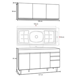 Armário Líbia e Balcão com Pia Inox 150cm Tunísia L03 Preto/Cinza - Mpozenato - 4 Armário Líbia e Balcão com Pia Inox 150cm Tunísia L03 Preto/Cinza - Mpozenato - 4