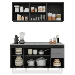 Armário Líbia e Balcão com Pia Inox 150cm Tunísia L03 Preto/Cinza - Mpozenato - 3 Armário Líbia e Balcão com Pia Inox 150cm Tunísia L03 Preto/Cinza - Mpozenato - 3