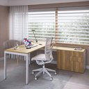 Ver imagem 2 de Mesa para Escritório em L com Balcão 1 Porta 3 Gavetas Idea A03 Nogal Sevilha Branco - Lyam Decor