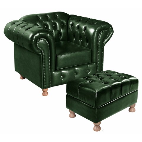 Kit Poltrona + Puff Luís XV Chesterfield Decoração Sala Recepção Barbearia - Couríssimo Verde