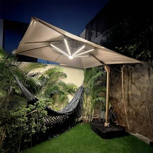 Ombrelone Guarda Sol Gold Led Alumínio Bege 2,5 X 2,5 C/ Base em 100 L