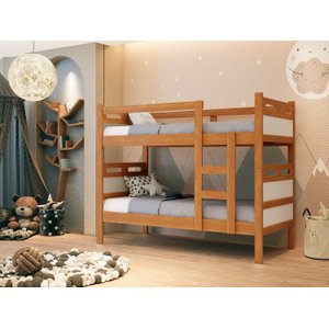 Cama Beliche de Solteiro para Quarto Jaspe Cor Nature com Detalhe Off White Design Moderno Robusto