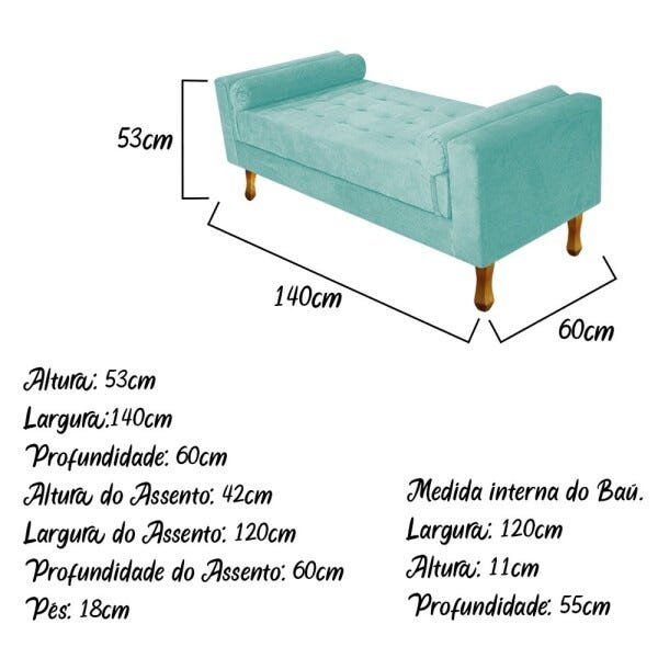 Recamier Félix Casal 1,40M Suede Azul Tiffany - Doce Sonho Móveis - 3