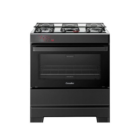 Fogão Esmaltec 5 Bocas Ideal Top Mesa Inox Tampa de Vidro Forno 84 Litros Preto T5iap Bivolt
