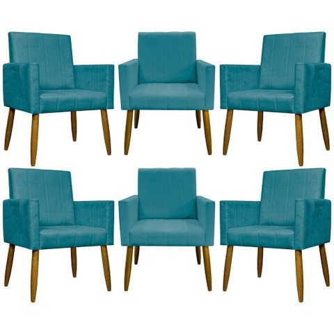 Kit 6 Poltronas Decorativas Mari - Azul-turquesa Suede