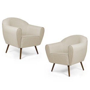 Kit 2 Poltronas Decorativas Nina Pés Palito Madeira C-107 Linho Bege - Domi