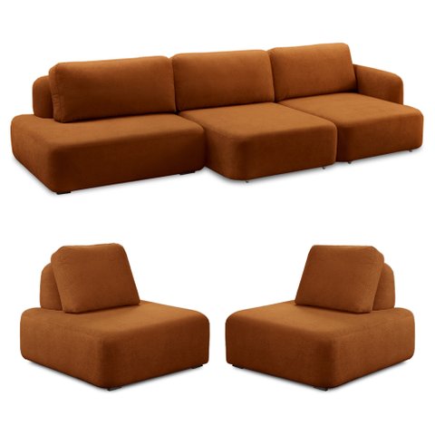 Conjunto Sala de Estar 1 Sofá Retrátil Modulado 372cm e 2 Poltronas Santiago Bouclê Terracota G89 -