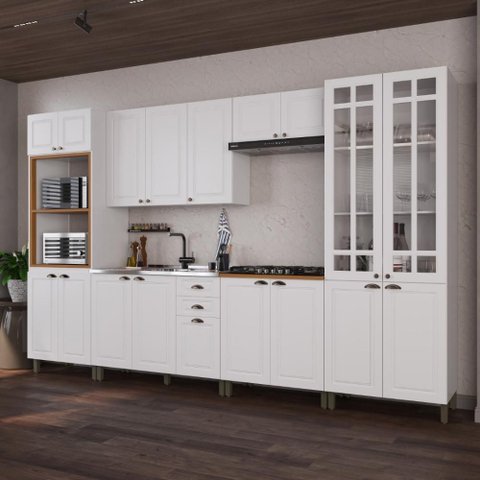 Armário de Cozinha Modulada Completa Fidelitá Nara 100% MDF 6 Peças 350cm 18 Portas 2 Gavetas sem