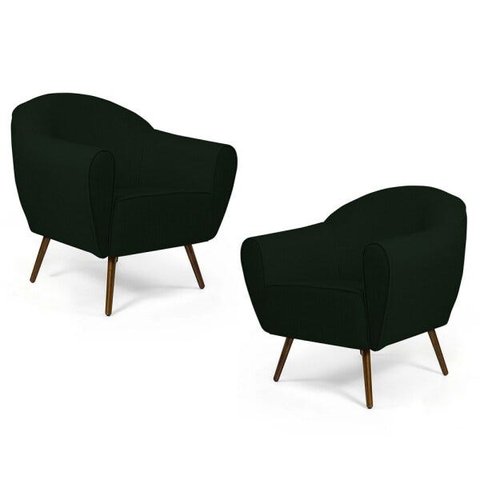 Kit 2 Poltronas Decorativas Nina Pés Palito Madeira C-117 Linho Verde Musgo - Domi