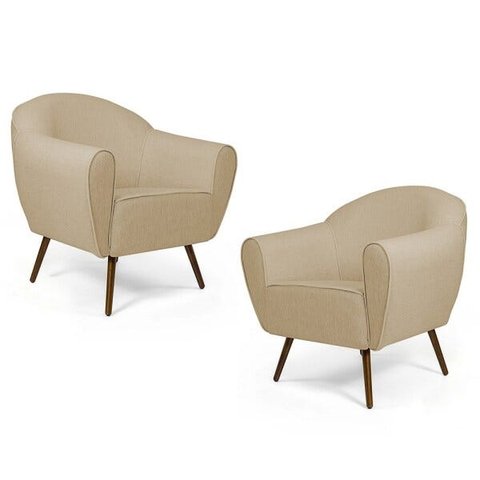 Kit 2 Poltronas Decorativas Nina Pés Palito Madeira C-129 Linho Bege Escuro - Domi