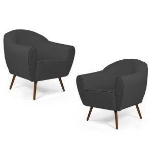 Kit 2 Poltronas Decorativas Nina Pés Palito Madeira C-416 Linho Cinza Escuro - Domi