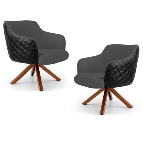 Kit 2 Poltronas Decorativas Jade Base Giromad C-416 Corano Tressê Linho Cinza Escuro - Domi