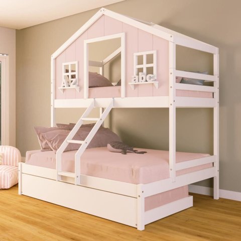 Treliche Casal/ Solteiro Casinha Dos Sonhos Madeira Maciça Rosa/ Branco Housin