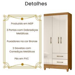 Guarda Roupa Solteiro Lima 3 Portas Freijó Off White Moval - 3