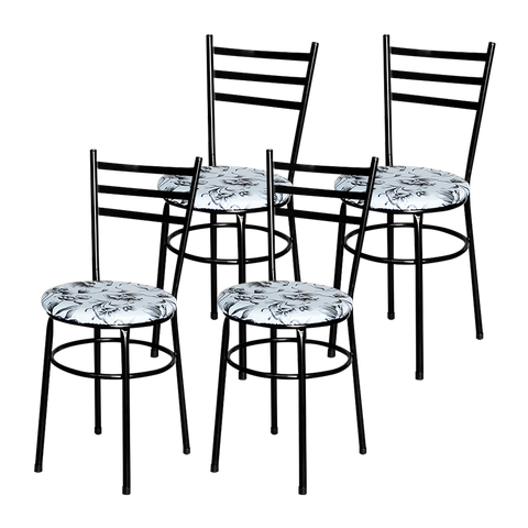 4 Cadeiras para Mesa Epoxi Preta Assento Floral:floral Branco